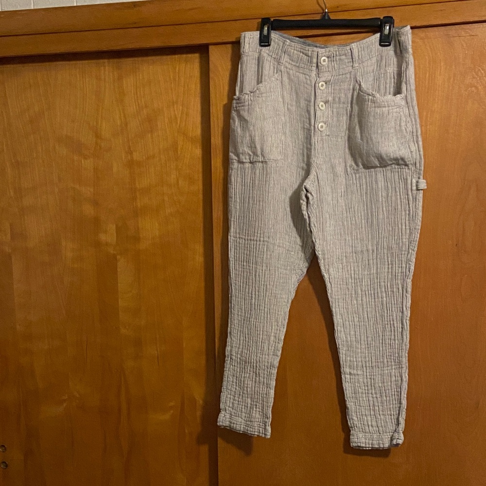 Free People Ivory and Navy Emerson Linen Blend Utility Pants